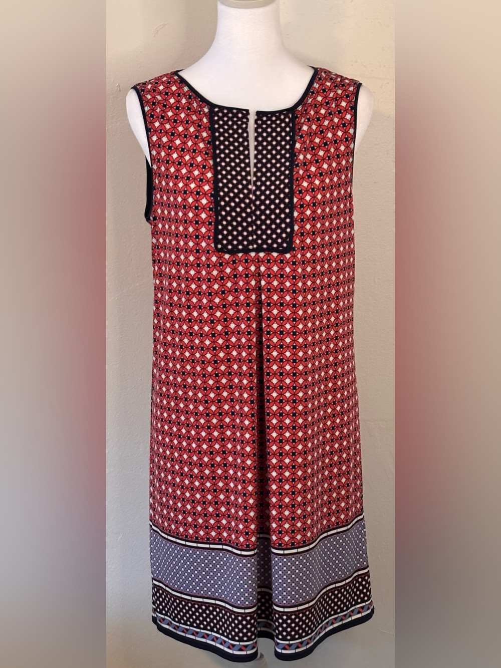 Max Studio Red and Navy Geo-Print Sleeveless Midi Shift Dress Women’s Size Small
